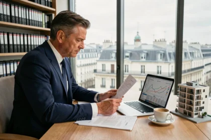 Investisseur immobilier en costume marine analysant des documents financiers sur une SCPI Pinel dans un bureau moderne avec vue sur la ville