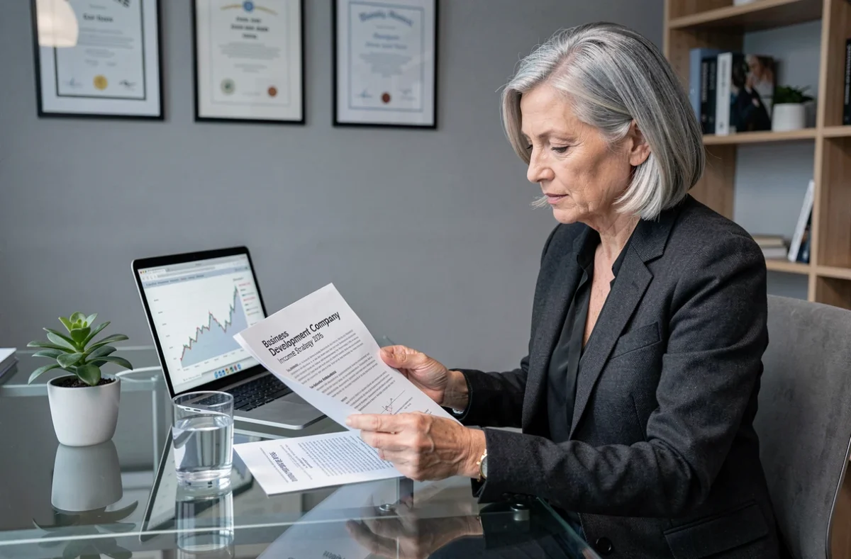 Investisseuse senior analysant une stratégie de revenus en dividendes dans un cabinet de conseil financier
