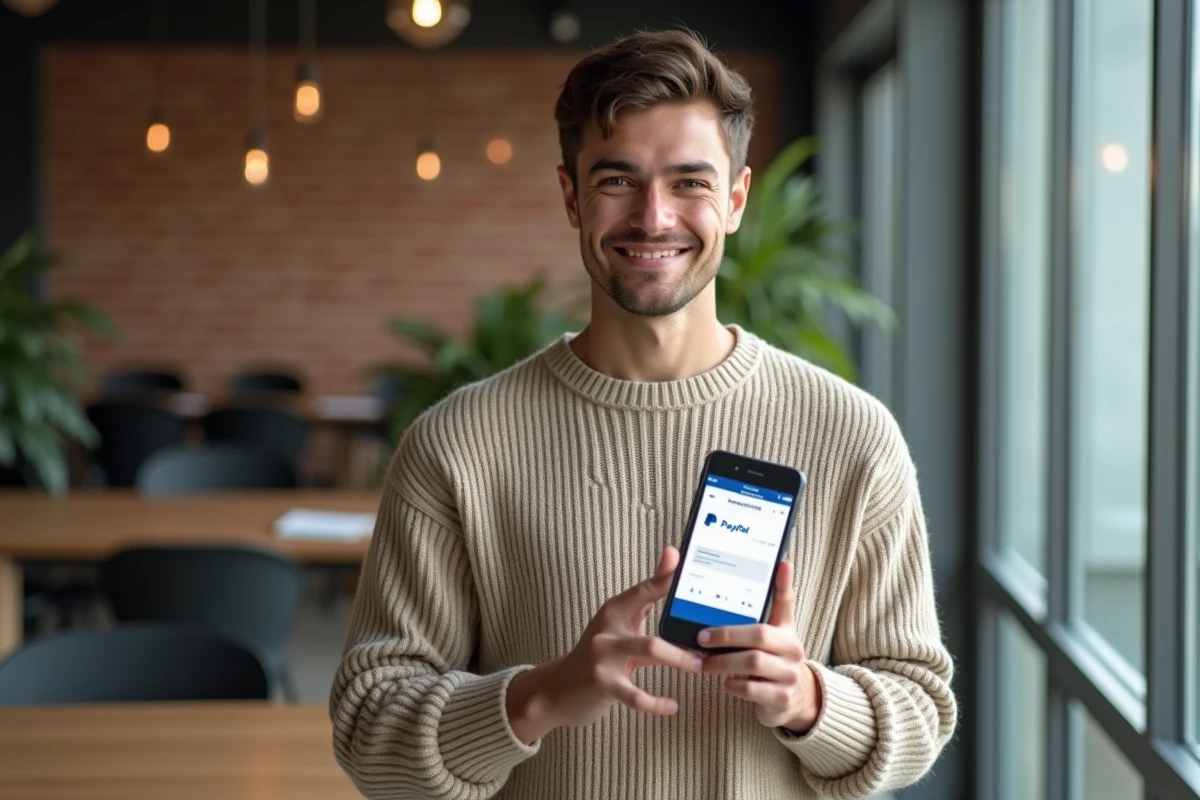 Jeune adulte en espace de coworking suivant un virement PayPal accéléré sur mobile