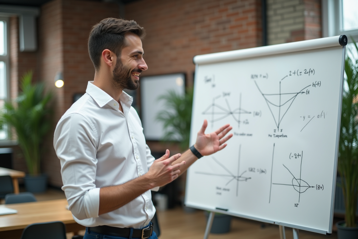 Jeune analyste financier expliquant des graphiques devant un tableau blanc