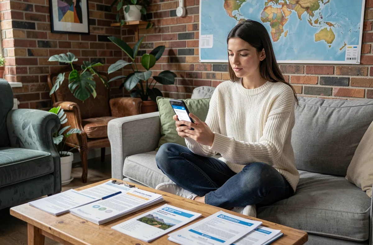 Jeune femme planifiant son assurance voyage longue durée avec une application mobile dans un auberge de jeunesse