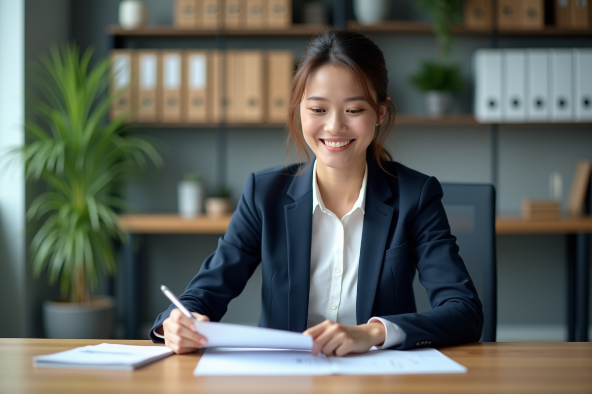 Jeune femme en banque travaillant sur documents