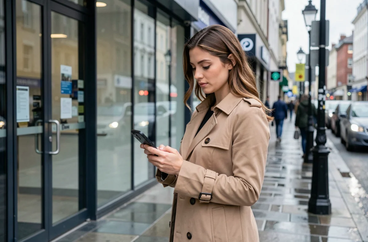 Jeune femme devant une agence bancaire moderne consultant son téléphone pour vérifier un avis sur OLINDA Banque en 2026
