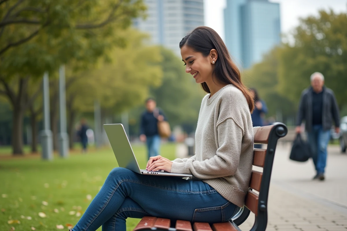 Jeune employée publique travaillant sur un ordinateur en plein air