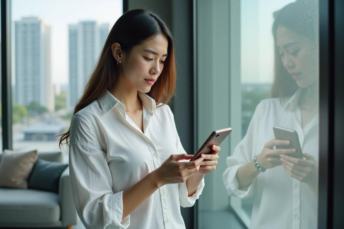 Jeune femme debout consultant son application bancaire mobile pour bloquer un prélèvement REMISEREDUC indésirable