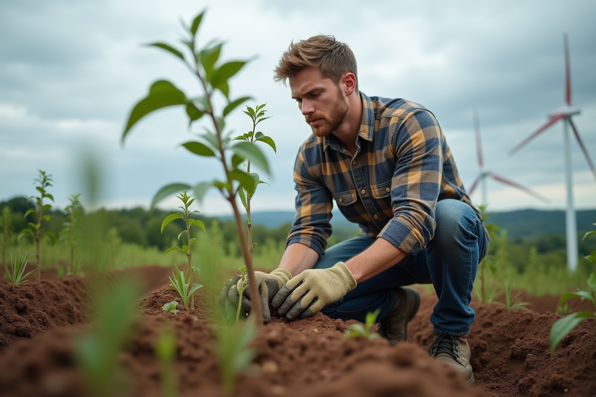 Jeune fermier plantant un jeune arbre dans un champ
