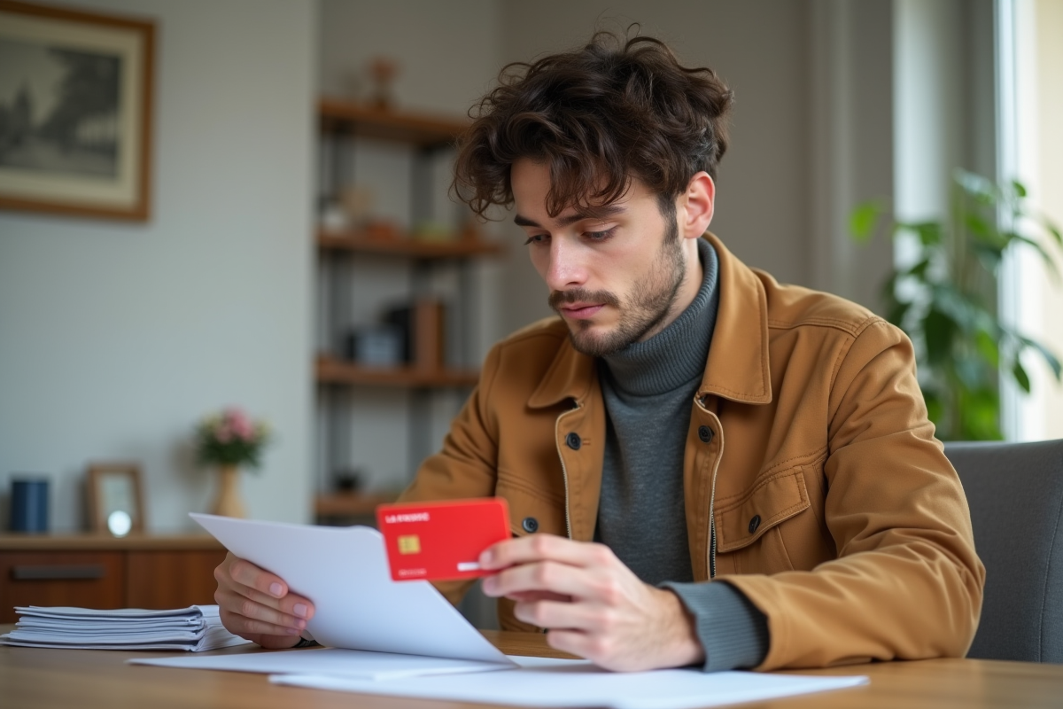 Jeune homme étudiant sa carte bancaire dans un appartement parisien