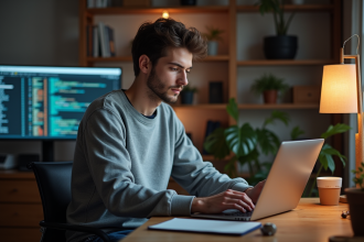 Jeune homme surveillant un logiciel de minage crypto à son bureau