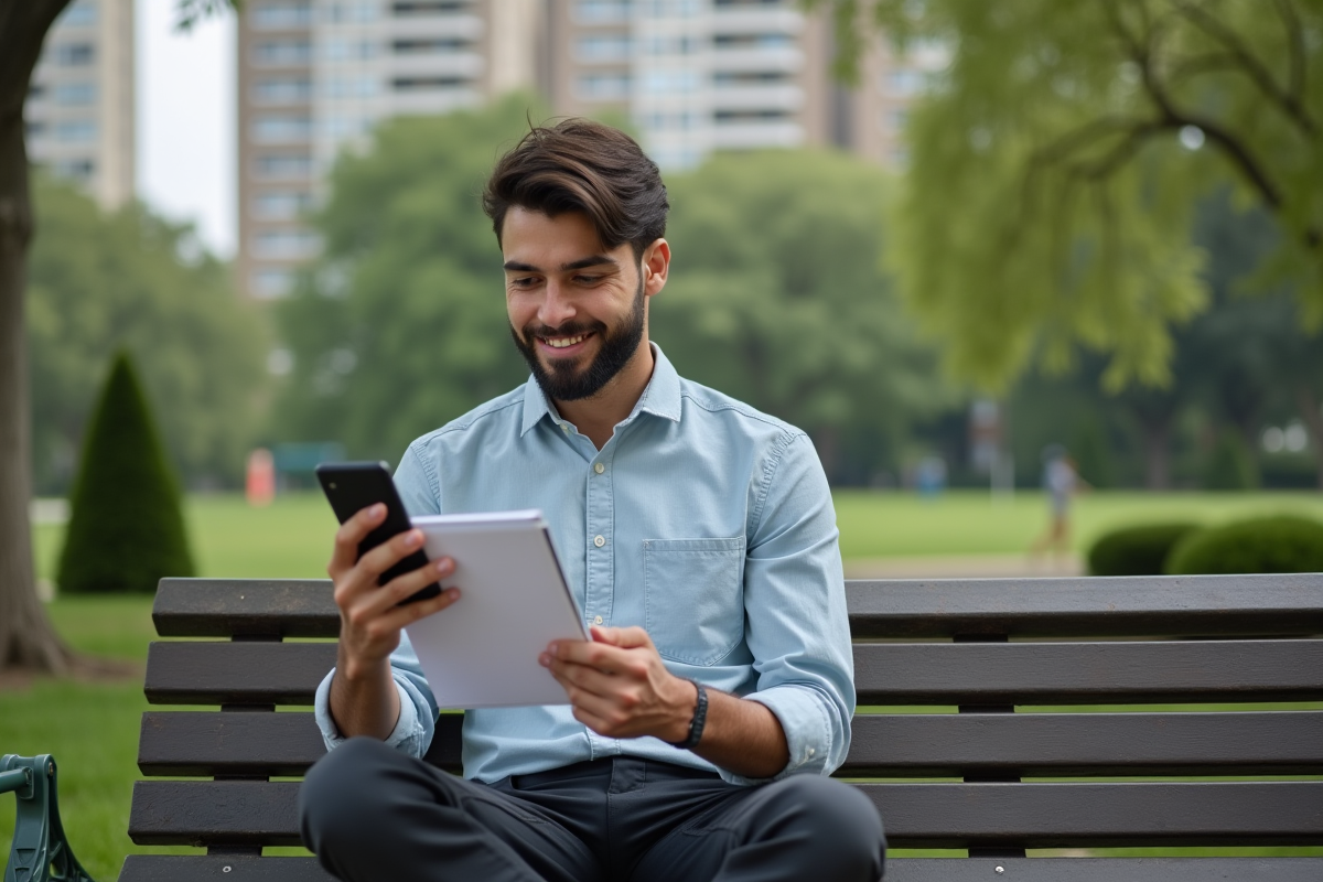 Jeune homme consulte son relevé bancaire en plein air