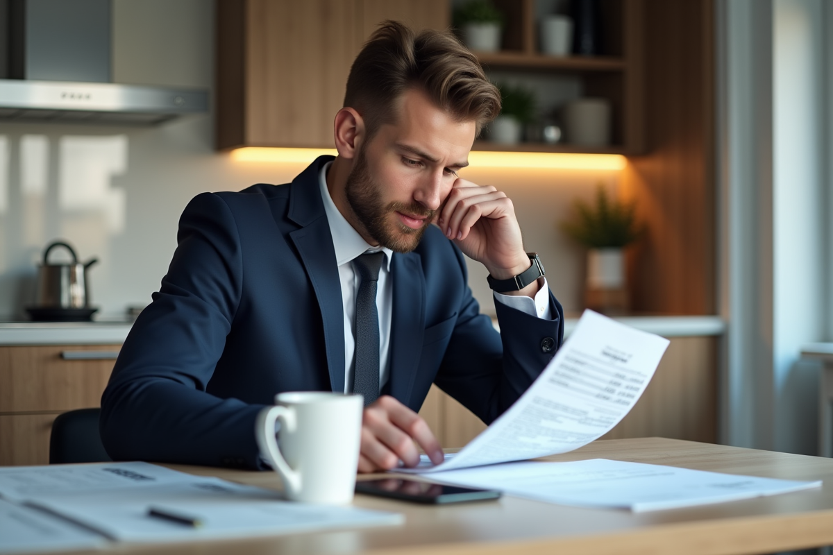 Jeune homme en costume bleu examine des documents immobiliers