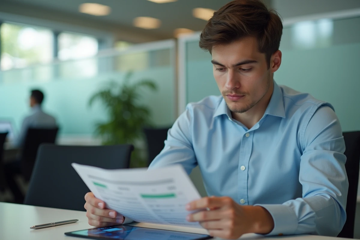Jeune homme consulte un relevé bancaire dans un bureau moderne