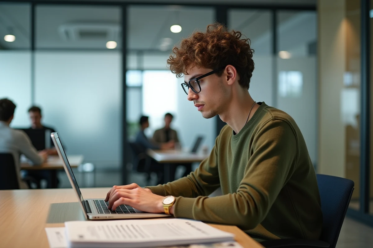 Jeune homme en sweater vert travaillant sur son ordinateur au bureau