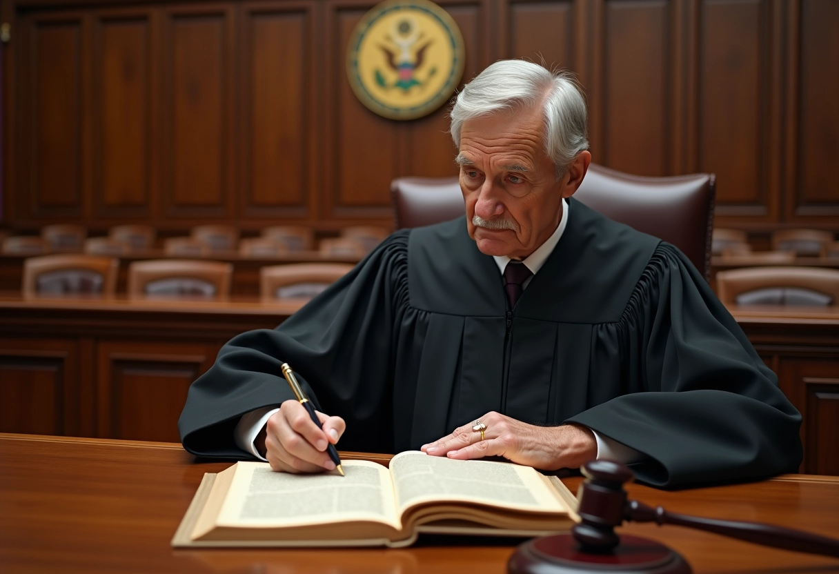 Juge ancien signant un code civil dans la salle d