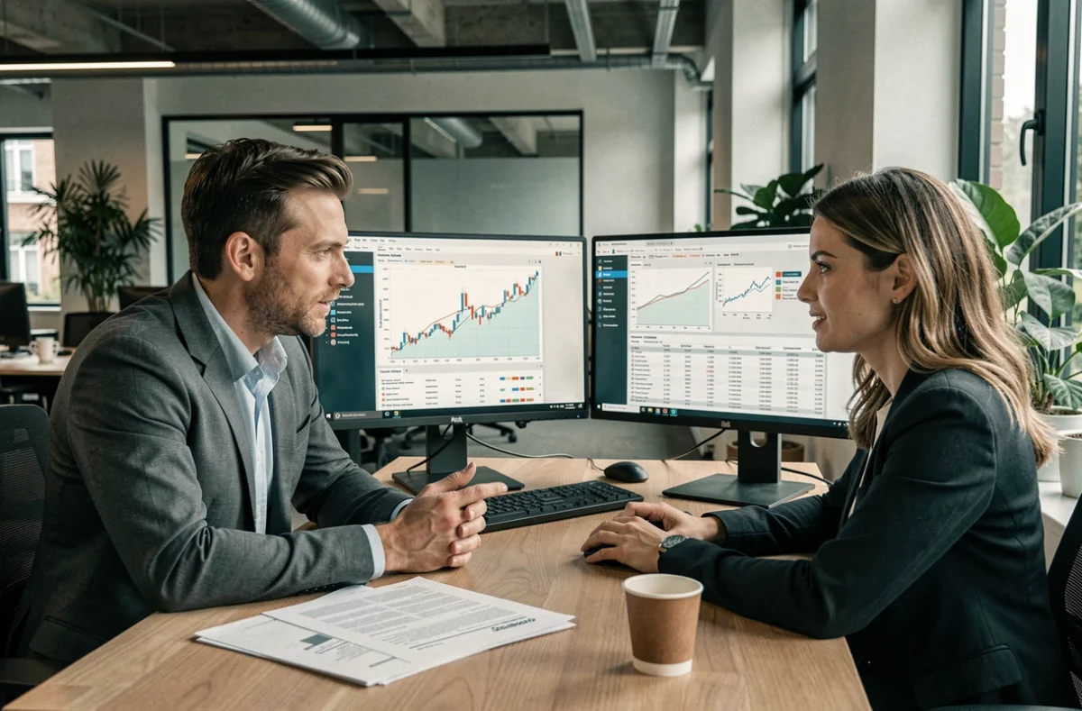 Équipe L&E Conseil Finance Patrimoine analysant des projections financières pour un investissement locatif