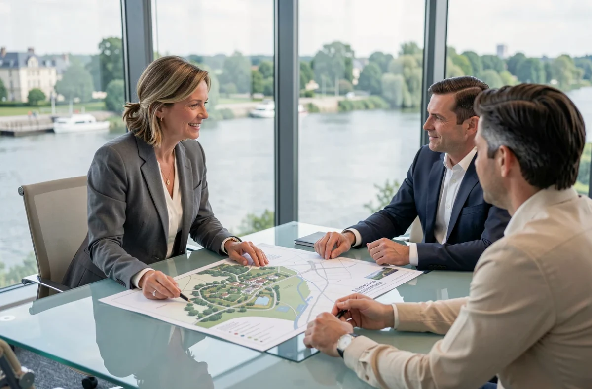 Conseillère Loire et Conseil présentant une carte immobilière à des investisseurs locatifs