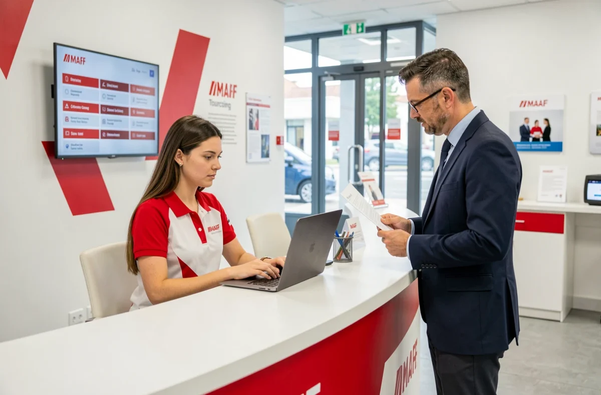 Une conseillère MAAF au bureau avec un client debout dans l'agence de Tourcoing