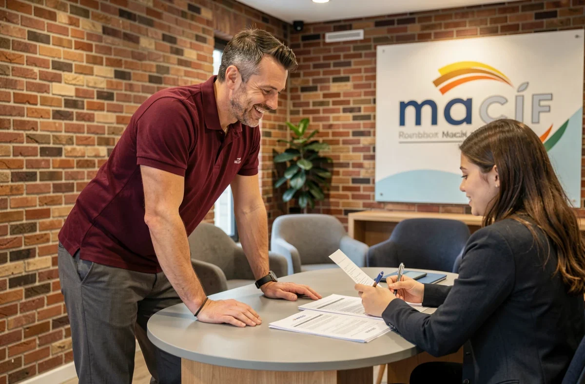 Un conseiller MACIF aidant une cliente dans l'agence de Roubaix