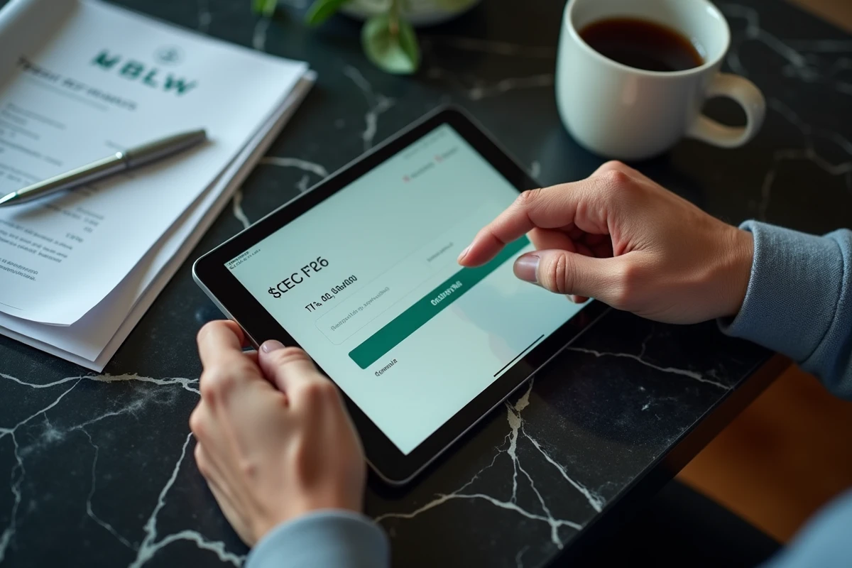 Gros plan de mains sur tablette pour réaliser un virement instantané avec montant maximum à La Banque Postale