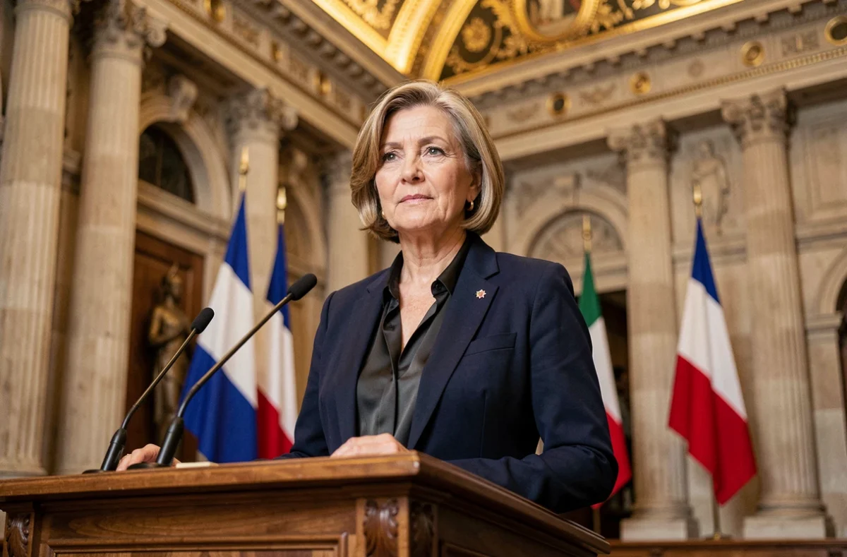 Femme politique en veste marine à la tribune d'une salle municipale parisienne ornée, symbolisant la fonction de maire de Paris