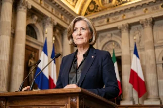 Femme politique en veste marine à la tribune d'une salle municipale parisienne ornée, symbolisant la fonction de maire de Paris