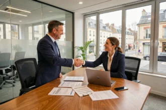 Un conseiller en assurance serrant la main d'un couple dans une agence moderne du Nord de la France