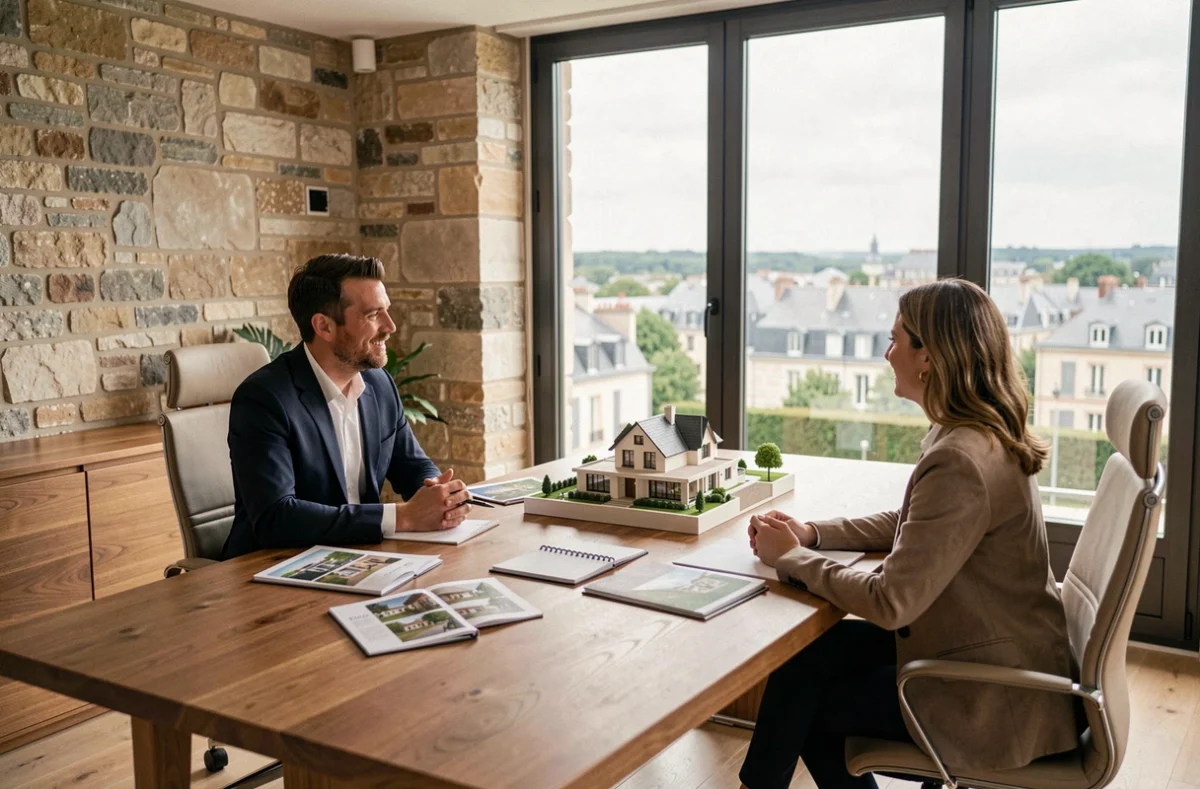 Conseiller en investissement locatif rencontrant un couple dans un bureau moderne avec vue sur le Loiret