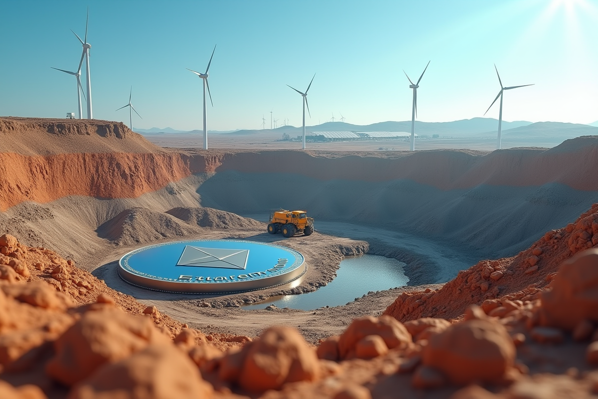Gros plan sur une mine à ciel ouvert avec machines et logo Ethereum