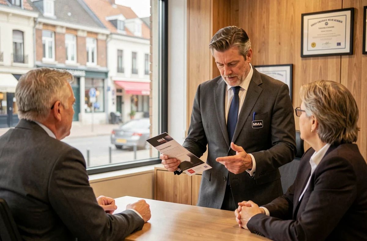Un conseiller MMA présentant une brochure d'assurance à un couple dans l'agence de Valenciennes