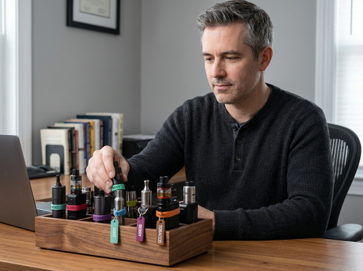 Homme adulte organisant ses vapes personnalisées avec des marquages colorés pour ne pas confondre son matériel au quotidien