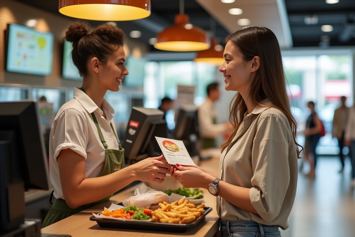 Mère de famille réglant son repas McDonald's avec un Chèque Vacances ANCV à la caisse