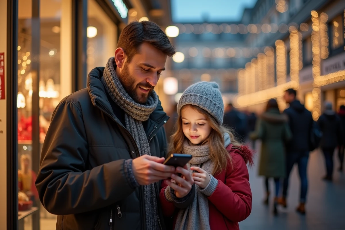 Père et fille regardant un smartphone avec logo UpCadhoc