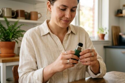 Femme personnalisant son kit vape avec un étui silicone coloré pour éviter toute confusion avec d'autres matériels similaires
