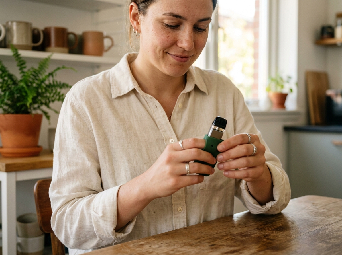 Femme personnalisant son kit vape avec un étui silicone coloré pour éviter toute confusion avec d'autres matériels similaires