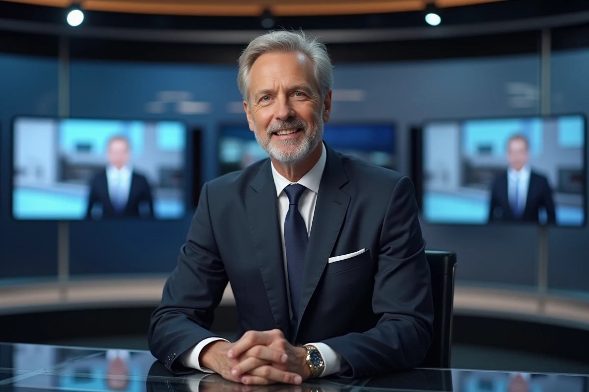 Homme en costume dans un studio de télévision représentant une personnalité médiatique influente