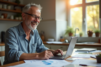 Personne souriante à la cuisine utilisant une calculatrice et prenant des notes