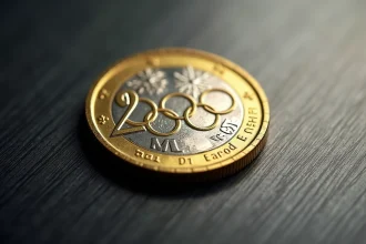 Pièce commémorative 2 euros Jeux Olympiques 2026 en gros plan sur surface en acier brossé montrant les anneaux olympiques et la tranche dorée
