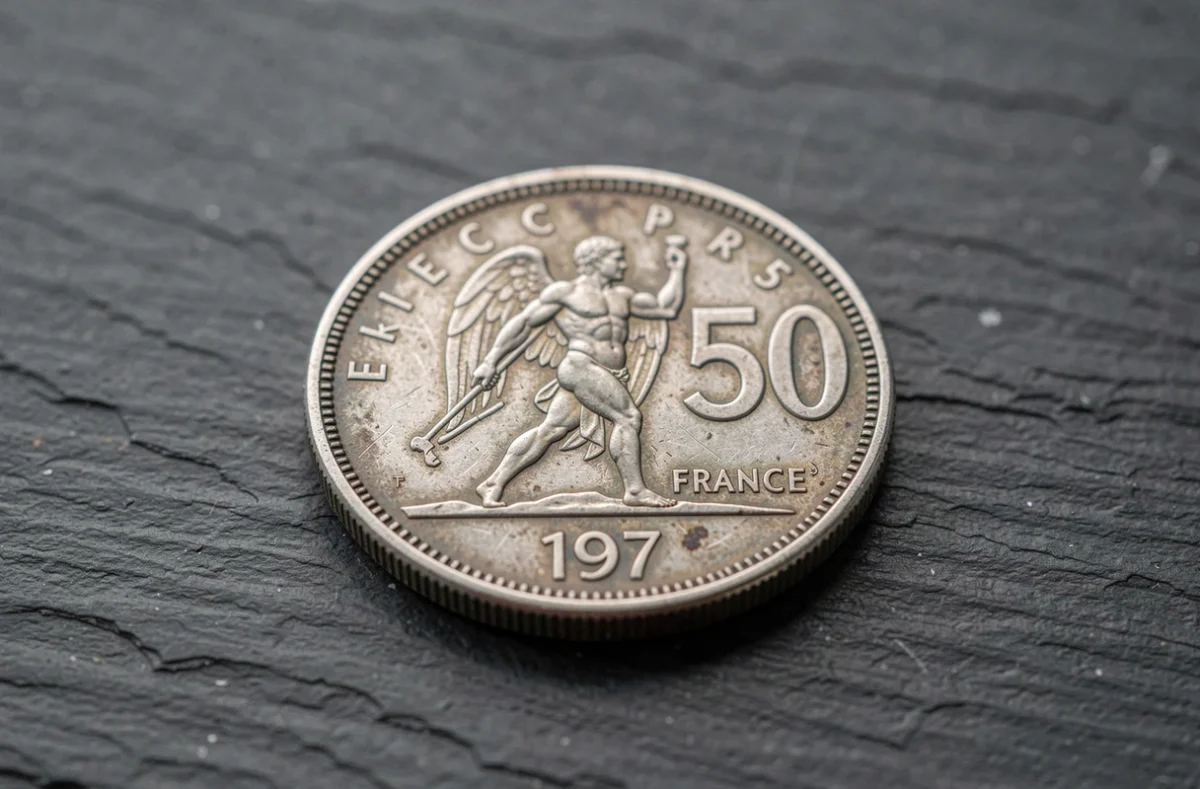 Pièce en argent 50 francs 1977 côté face avec motif Hercule, photographiée en macro sur ardoise sombre