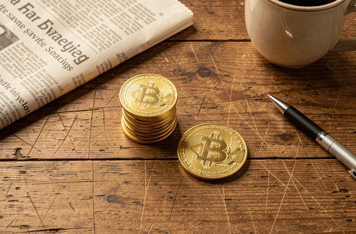 Pièces d'or et token Bitcoin physique posés sur une table en bois avec un journal financier sur l'inflation en arrière-plan