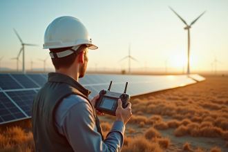 Pilote de drone contrôlant un drone sur un paysage avec panneaux solaires