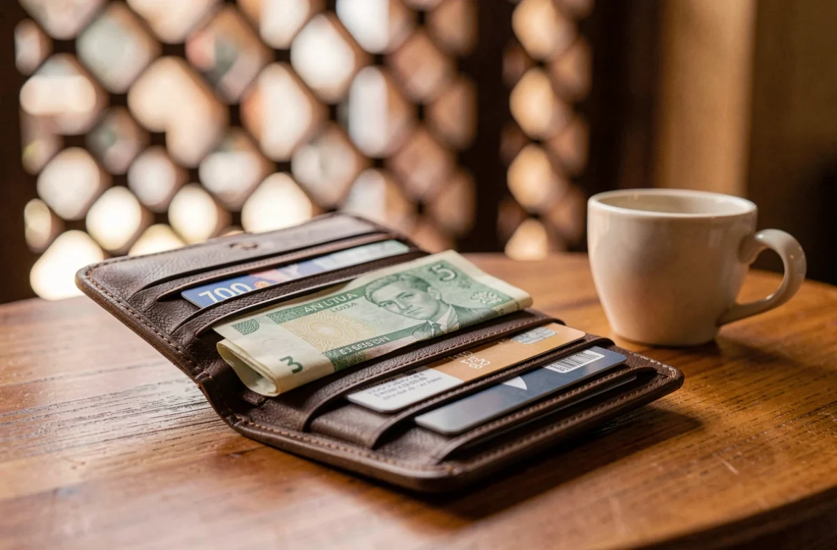 Portefeuille de voyage ouvert avec des dirhams émiratis sur une table de café à Abu Dhabi