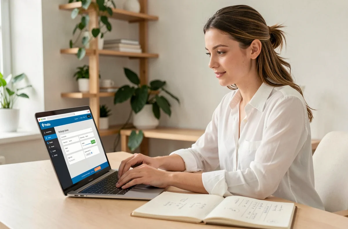 Jeune femme utilisant la plateforme de courtage en ligne Pretto pour simuler un prêt immobilier