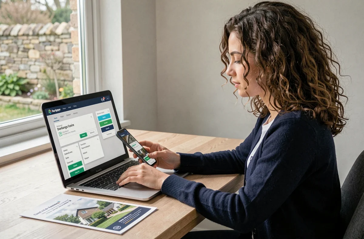 Une utilisatrice de Pretto consulte une plateforme de courtage en ligne pour financer un bien immobilier en Dordogne depuis chez elle