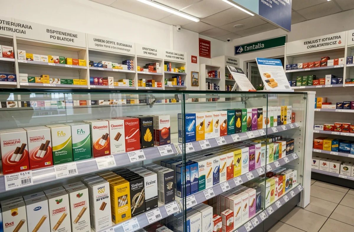Présentoir de paquets de cigarettes avec étiquettes de prix en euros dans une station-service italienne