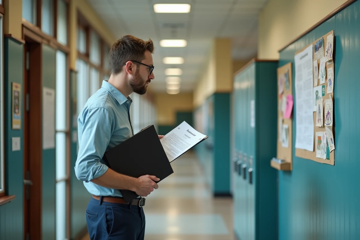 Professeur TZR lisant une notice administrative sur le versement des salaires dans un couloir d'école secondaire