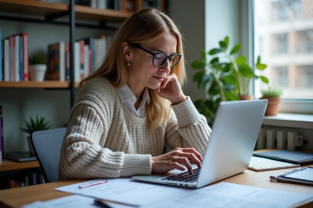 Professeure contractuelle vérifiant ses fiches de paie et contrats sur son bureau à domicile
