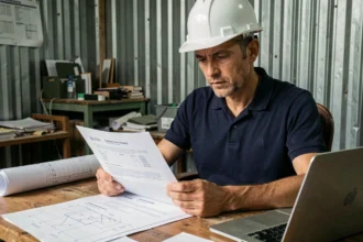 Professionnel du bâtiment consultant une attestation décennale dans un bureau de chantier