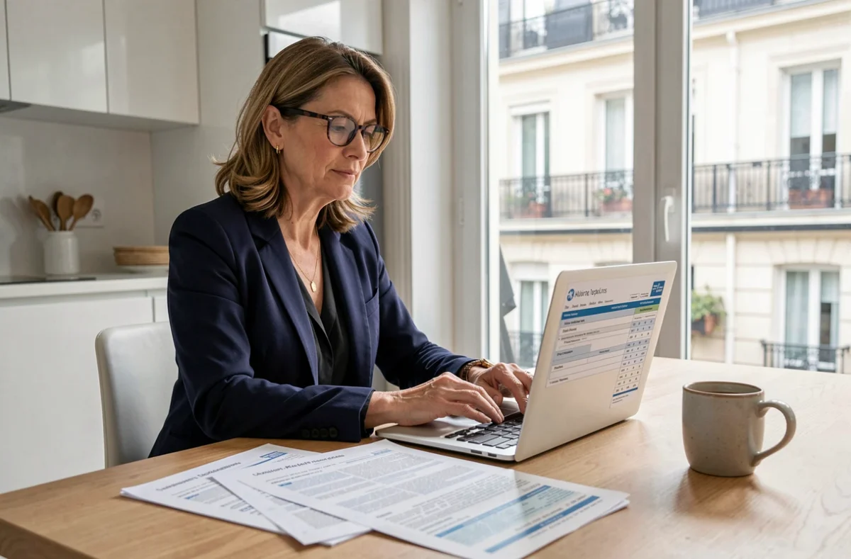 Femme propriétaire calculant son abattement SCPI pour la déclaration IFI depuis son domicile