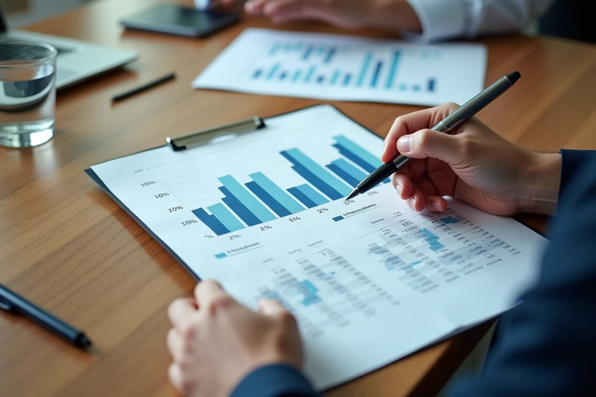 Mains tenant un rapport financier annoté avec des projections boursières pour une entreprise française de défense et aérospatiale
