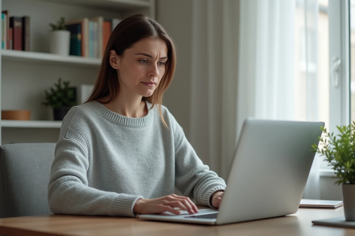 Femme frustrée devant son ordinateur portable tentant de récupérer son mot de passe bancaire en ligne