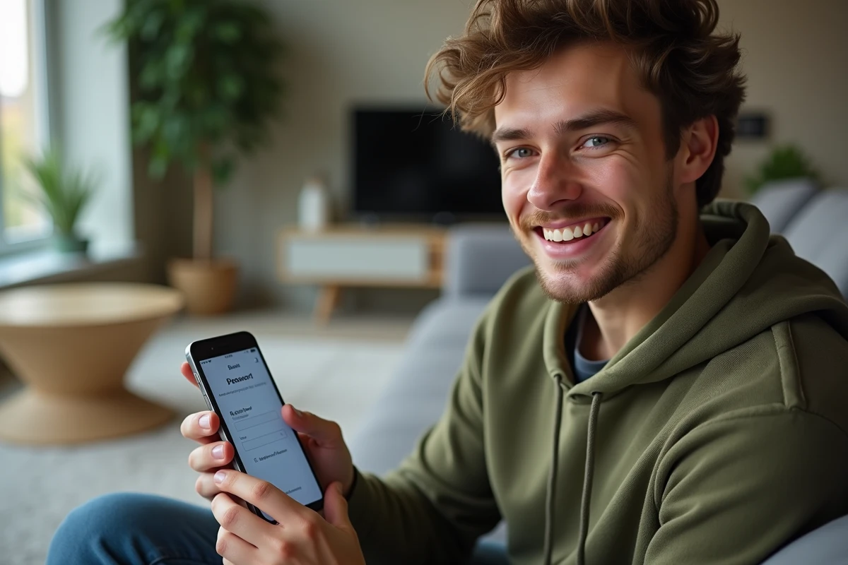 Jeune homme consultant son smartphone pour réinitialiser le mot de passe de son compte LEFILE Crédit Agricole
